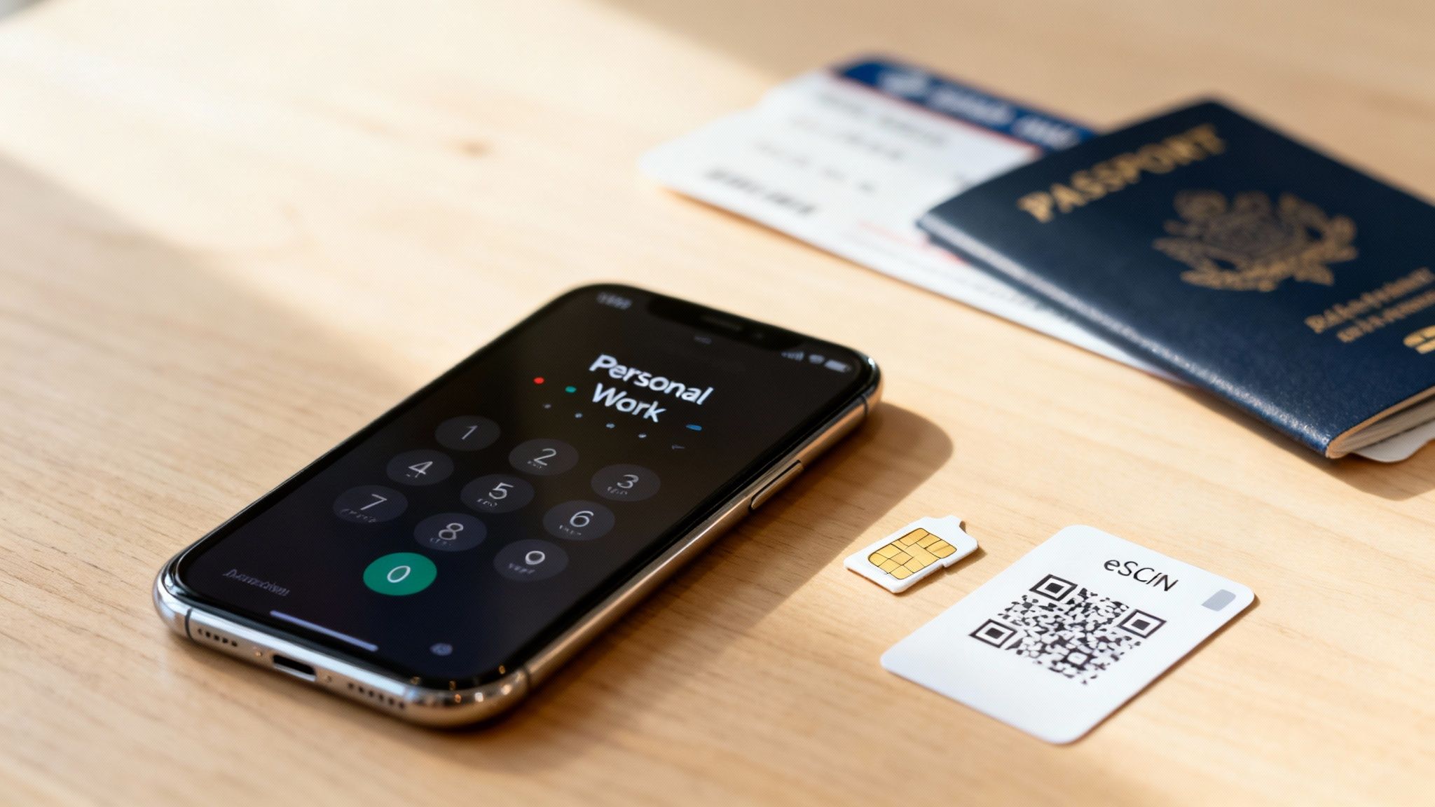 A smartphone displaying call options, a SIM card, an eSIM card, and a passport on a table.
