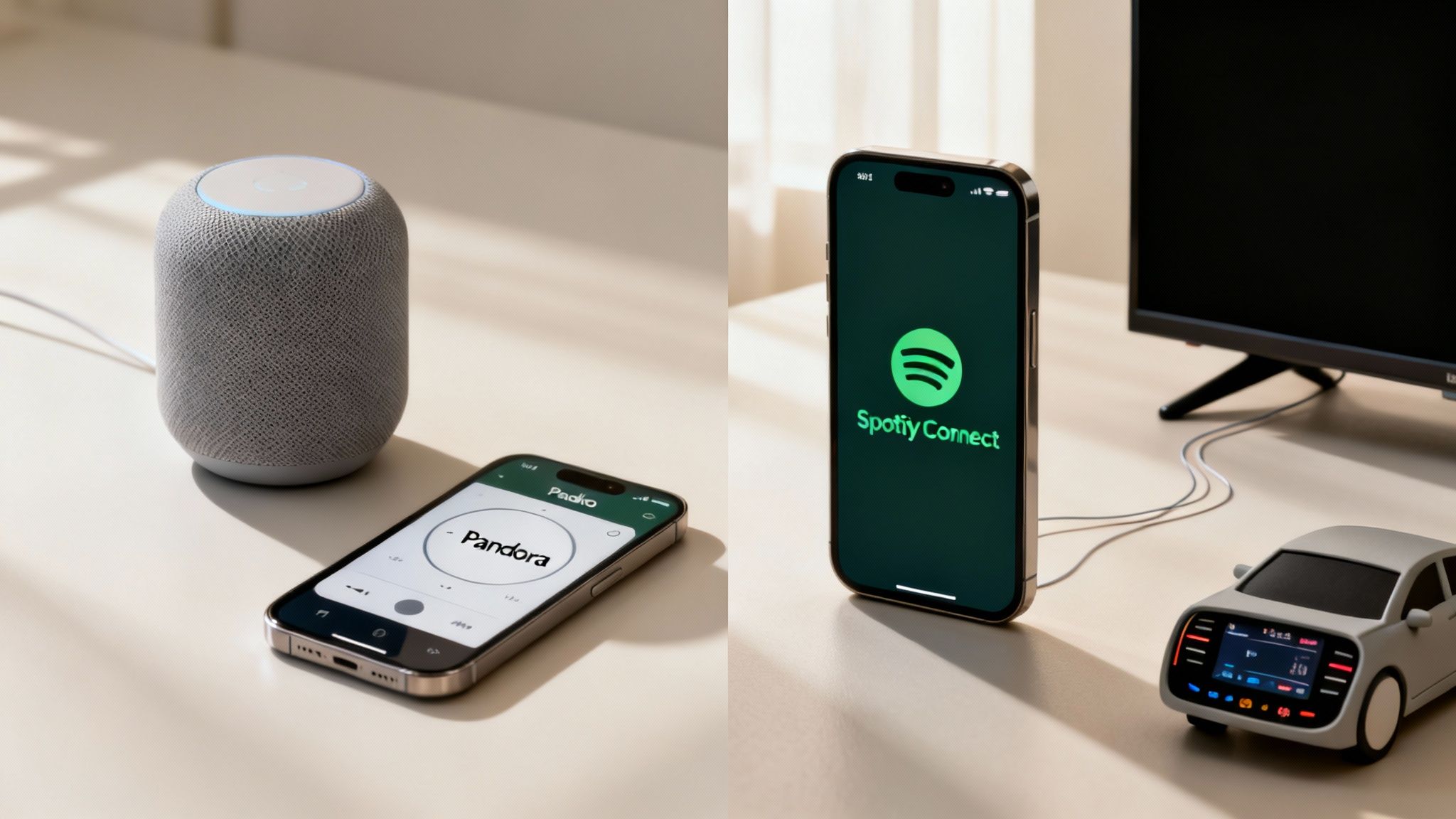 Two iPhones displaying music apps, one connected to a smart speaker and the other to a TV and toy car.