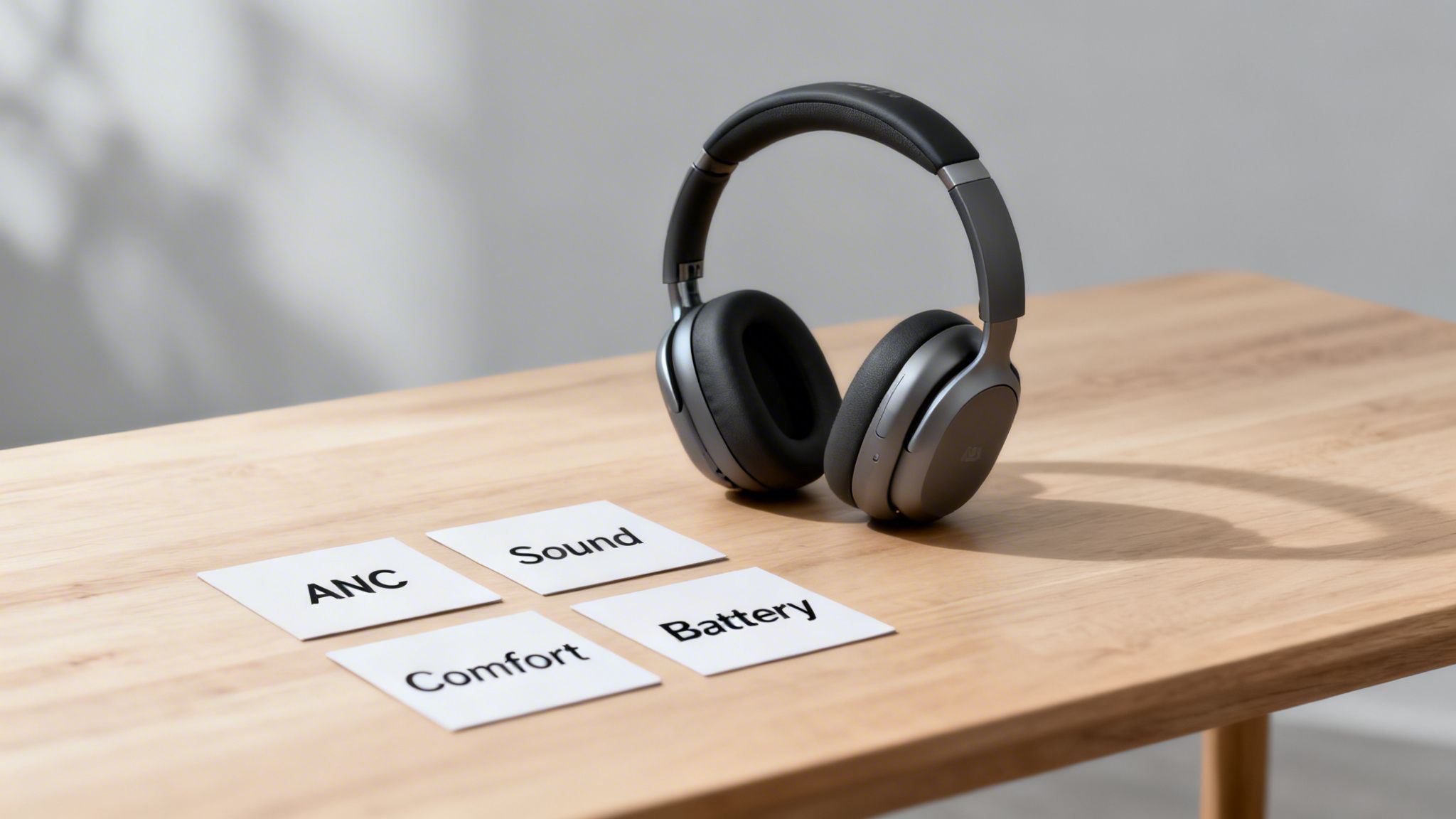 Grey noise-cancelling headphones on a wooden table with cards highlighting ANC, Sound, Comfort, and Battery features.