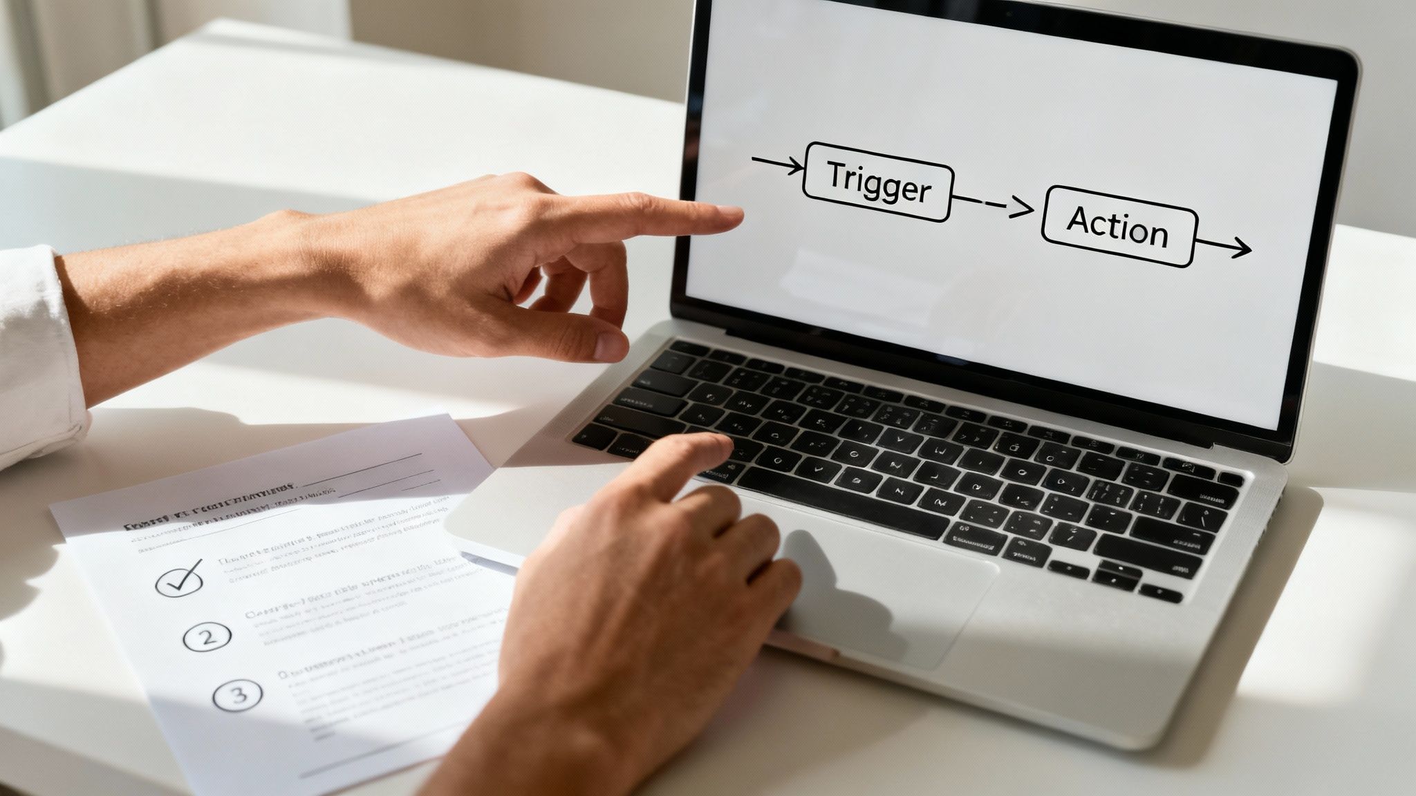 A person points at a laptop screen displaying a 'Trigger -> Action' diagram, suggesting automation.