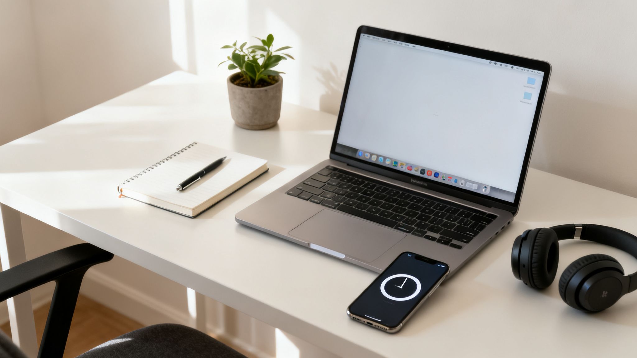 A neat workspace with a laptop, notebook, plant, smartphone, and headphones on a white desk.