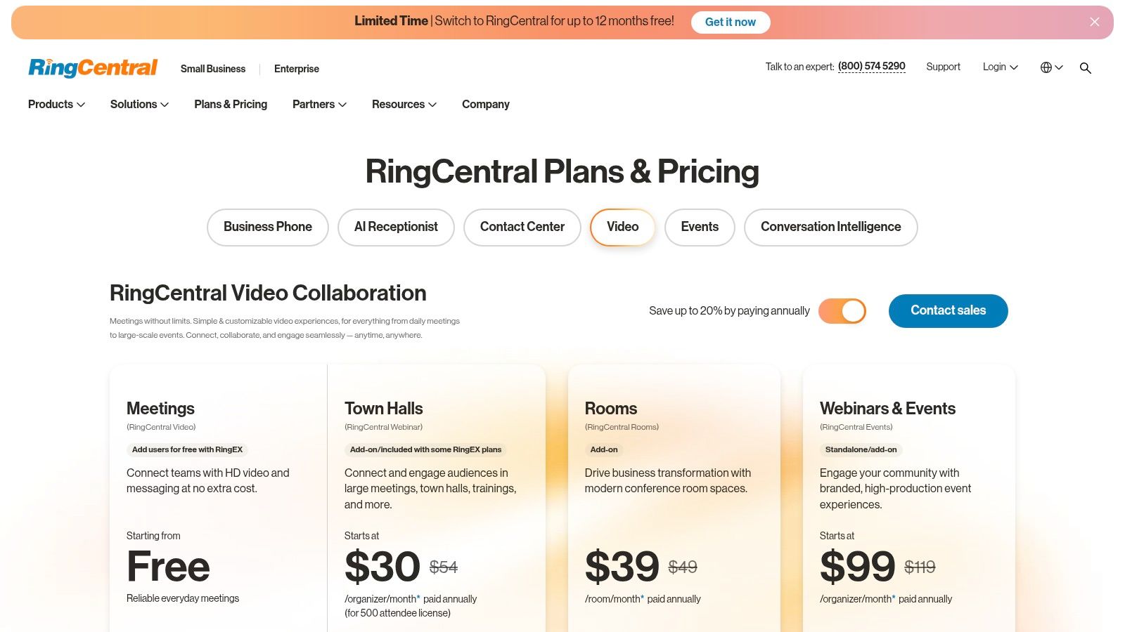 RingCentral video pricing plans