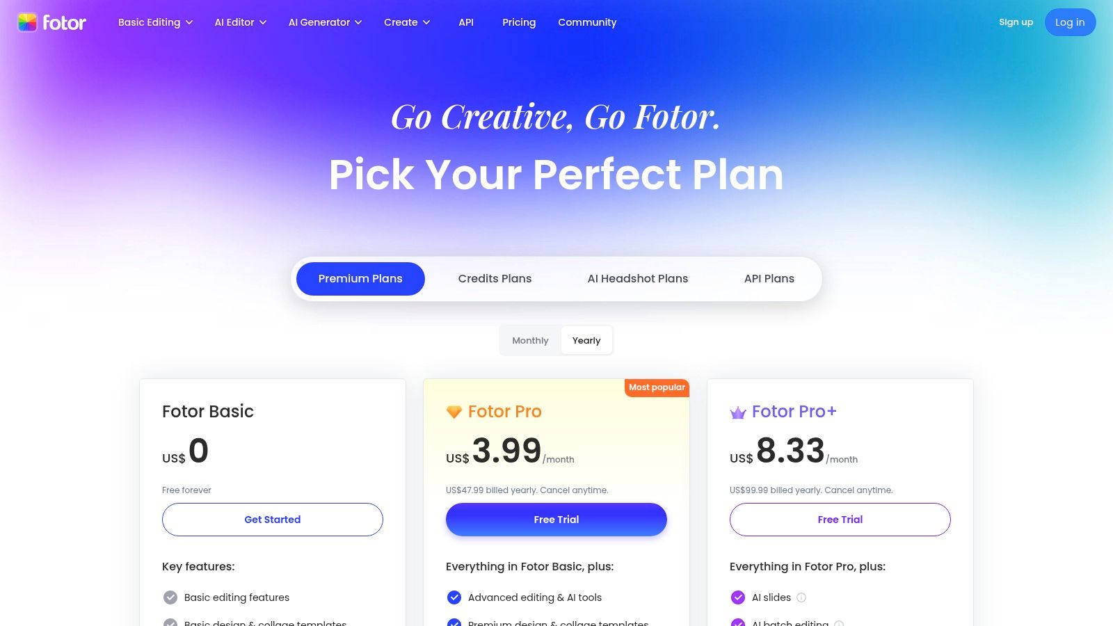 Fotor pricing plans showing free, pro, and pro+ tiers with feature comparisons