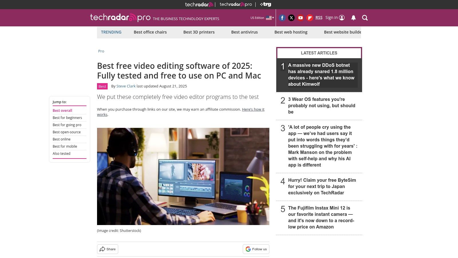 TechRadar — Best free video editing software (article)