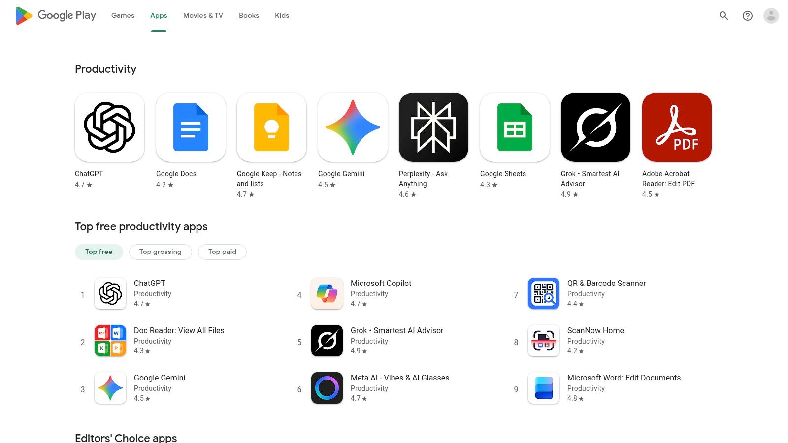 Google Play Store – Productivity category