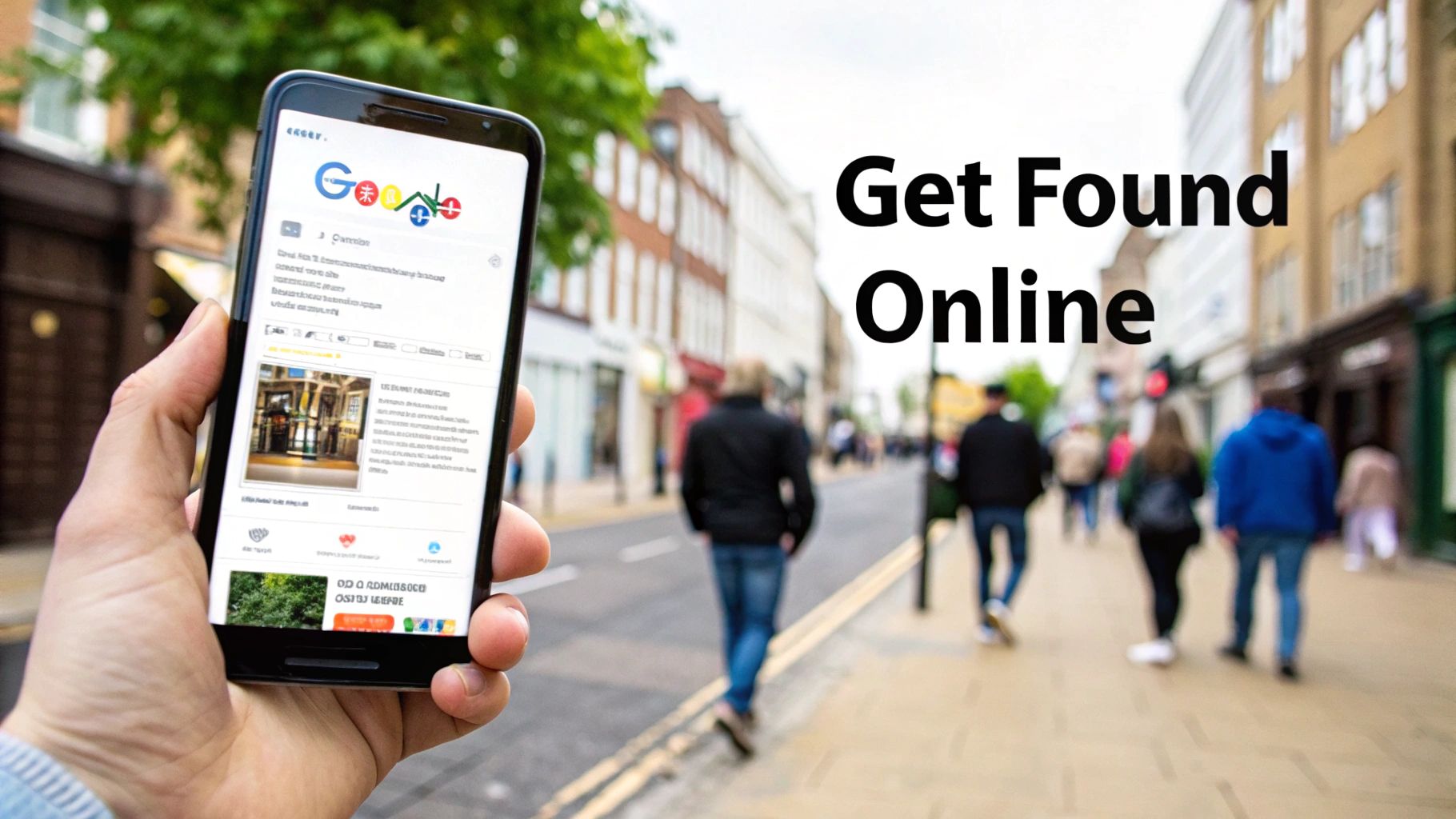 Hand holding smartphone displaying a Google search result for a business, overlaid with 'Get Found Online' text on a busy street.