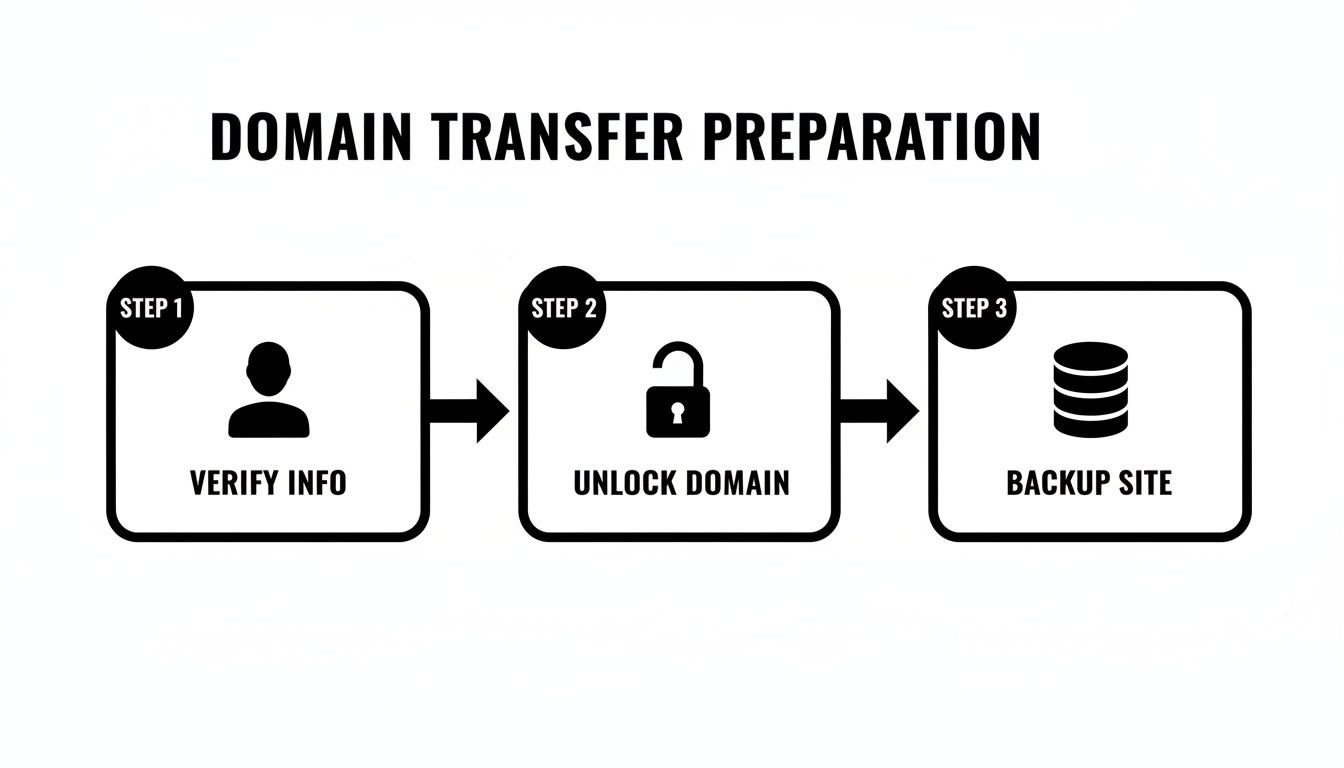 A clear flowchart illustrating three sequential steps for preparing a domain name transfer.