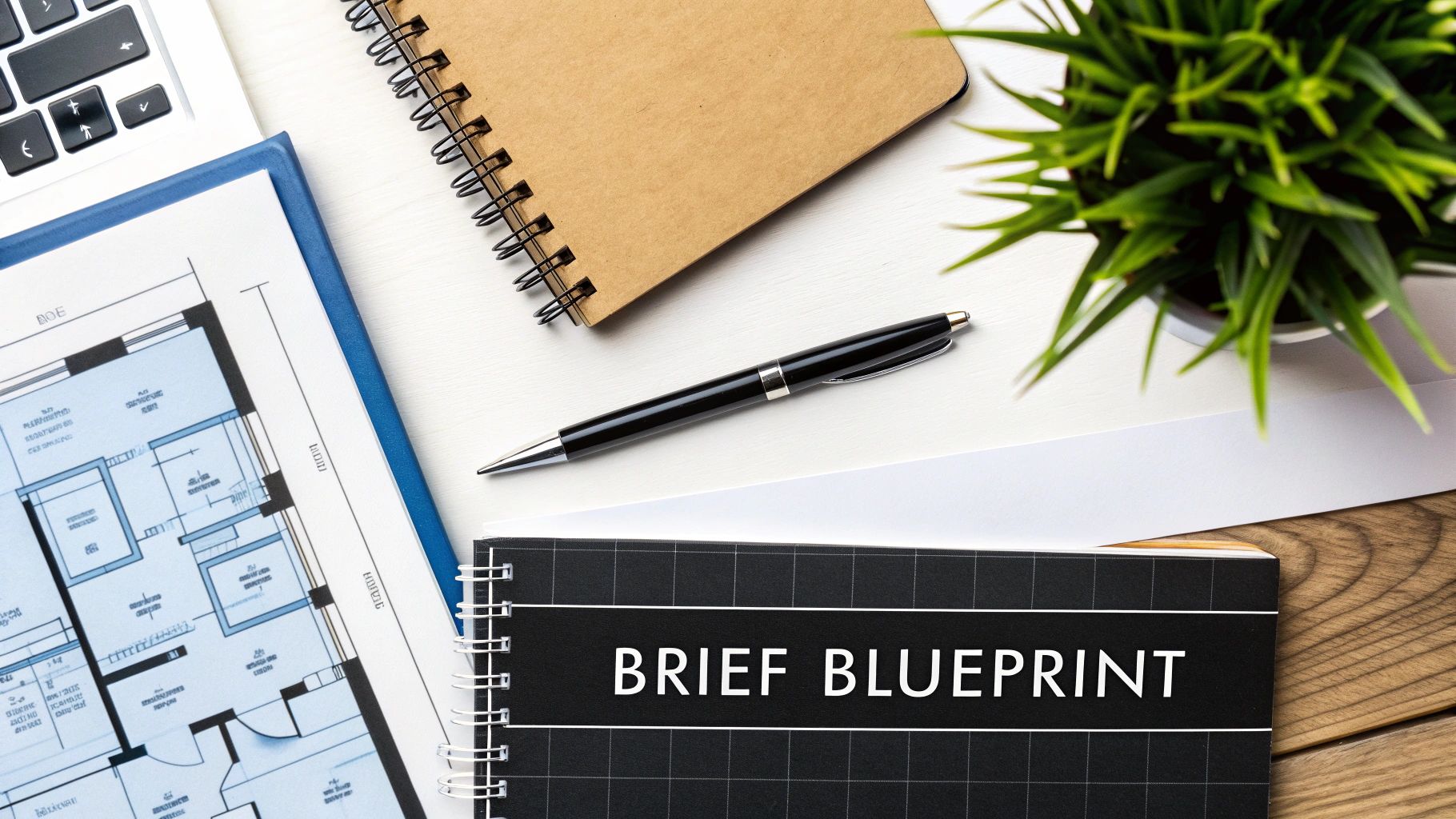 An organised desk with a creative brief document, a laptop, and stationery, symbolising the structured process of creating a campaign.