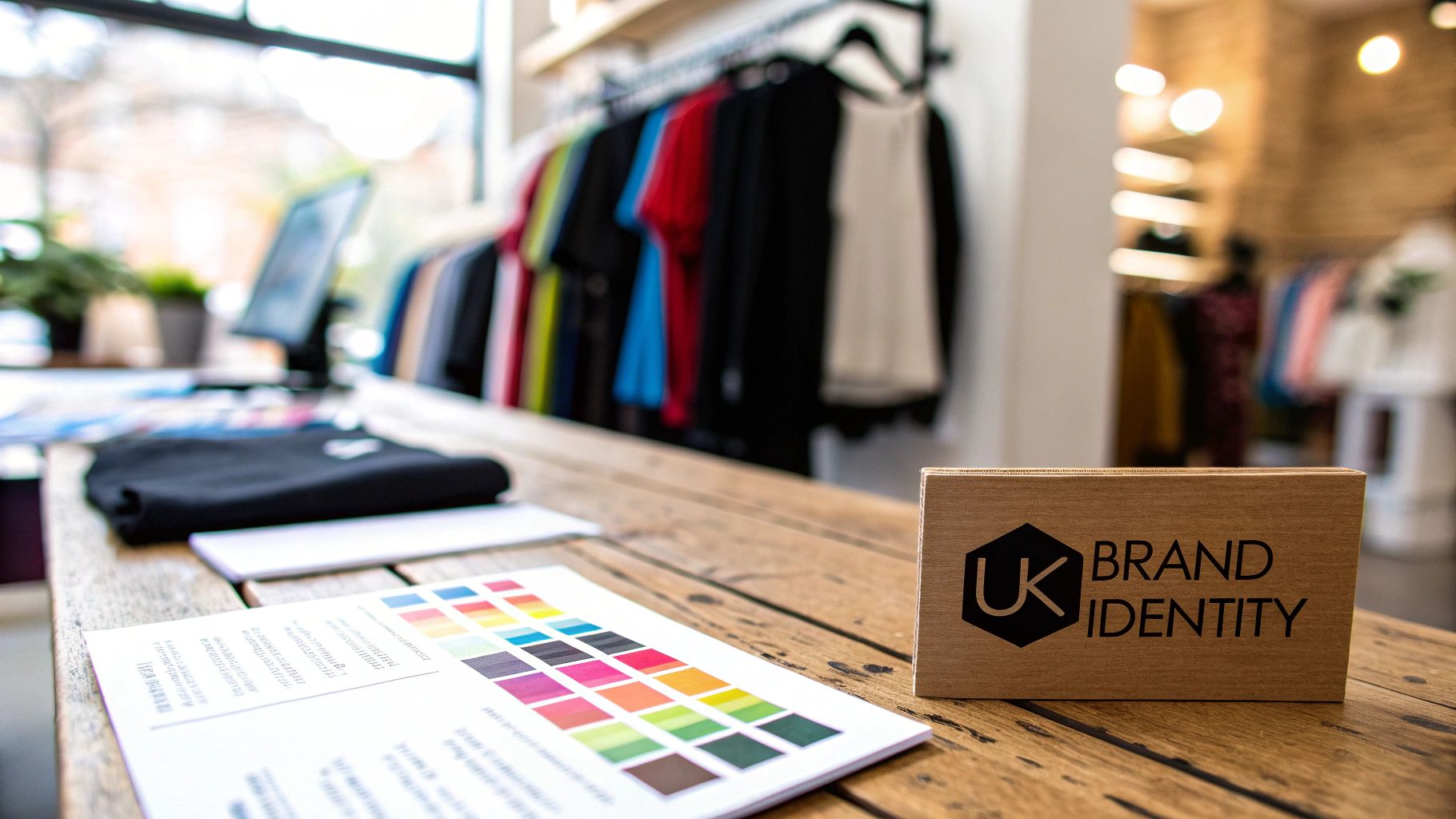 A wooden "UK Brand Identity" sign with color swatches and a black t-shirt on a rustic table in a store.