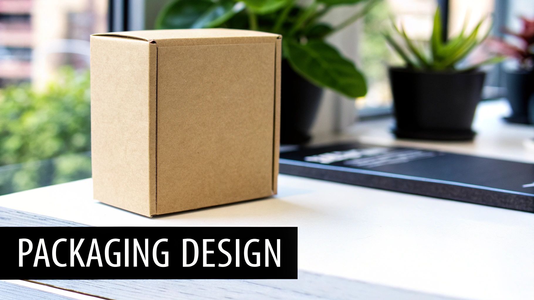 Close-up of a plain brown cardboard box on a white desk, ideal for packaging design mockups.