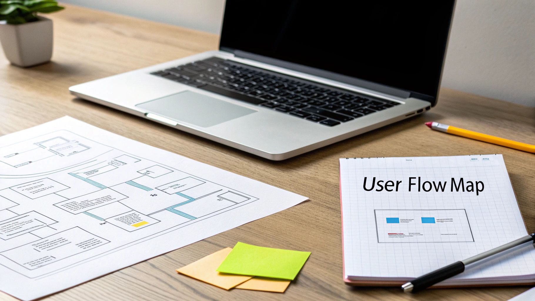 A desk with a laptop, user flow map notebook, design diagram, sticky notes, and stationery for website planning.
