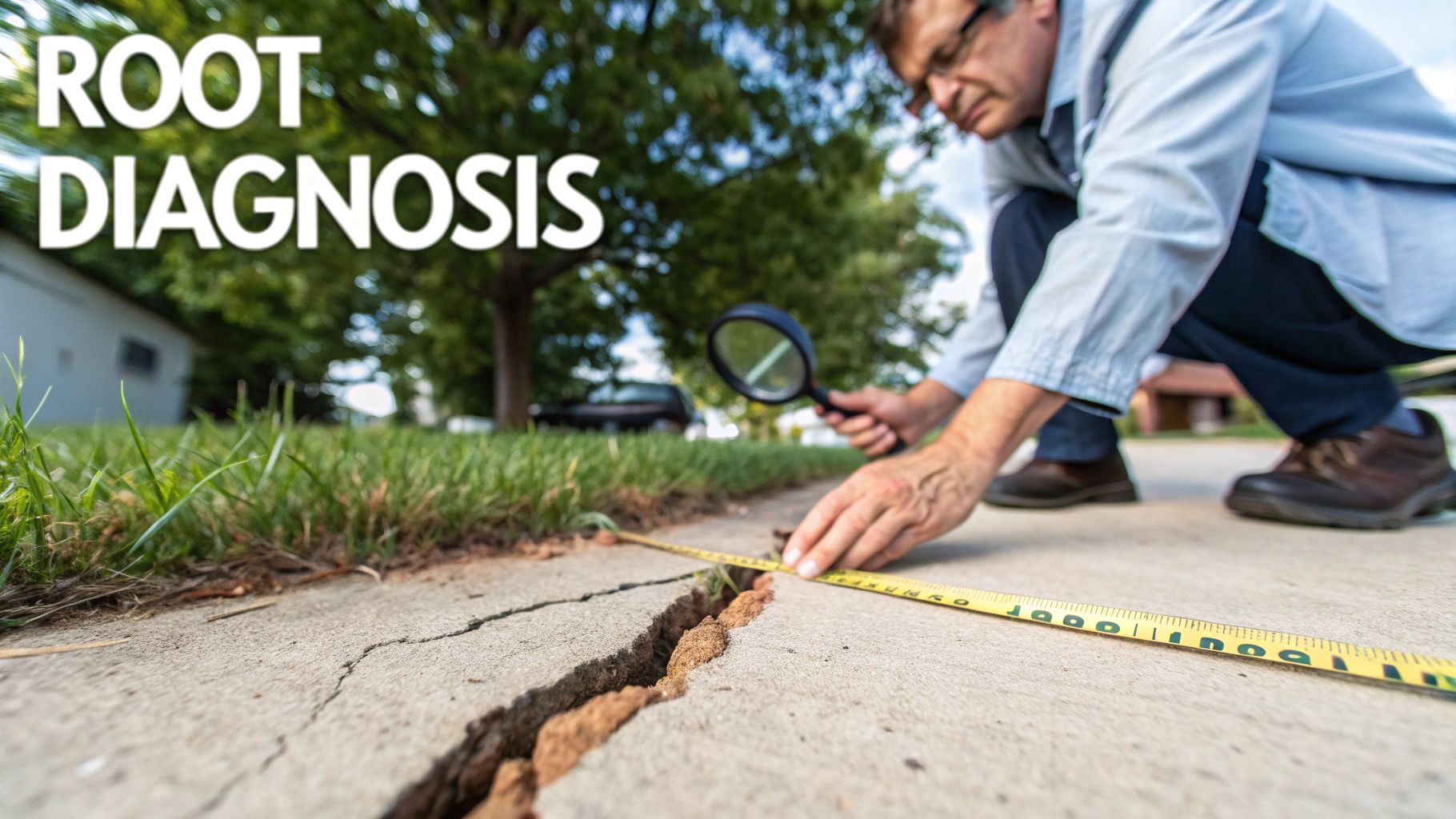 A man kneels to inspect a wide crack in a concrete sidewalk, using a magnifying glass and measuring tape.