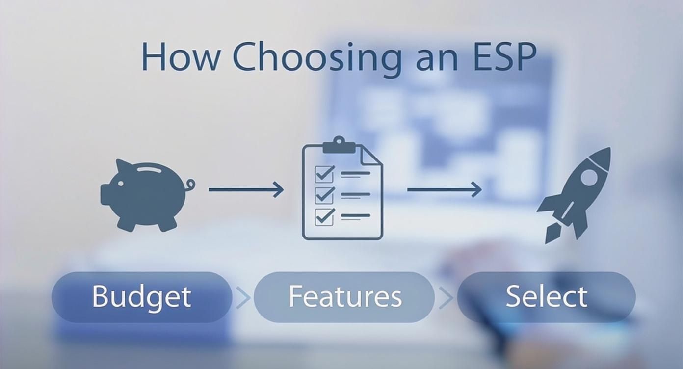 An infographic showing the process of choosing an email service provider, with steps for Budget, Features, and Select.