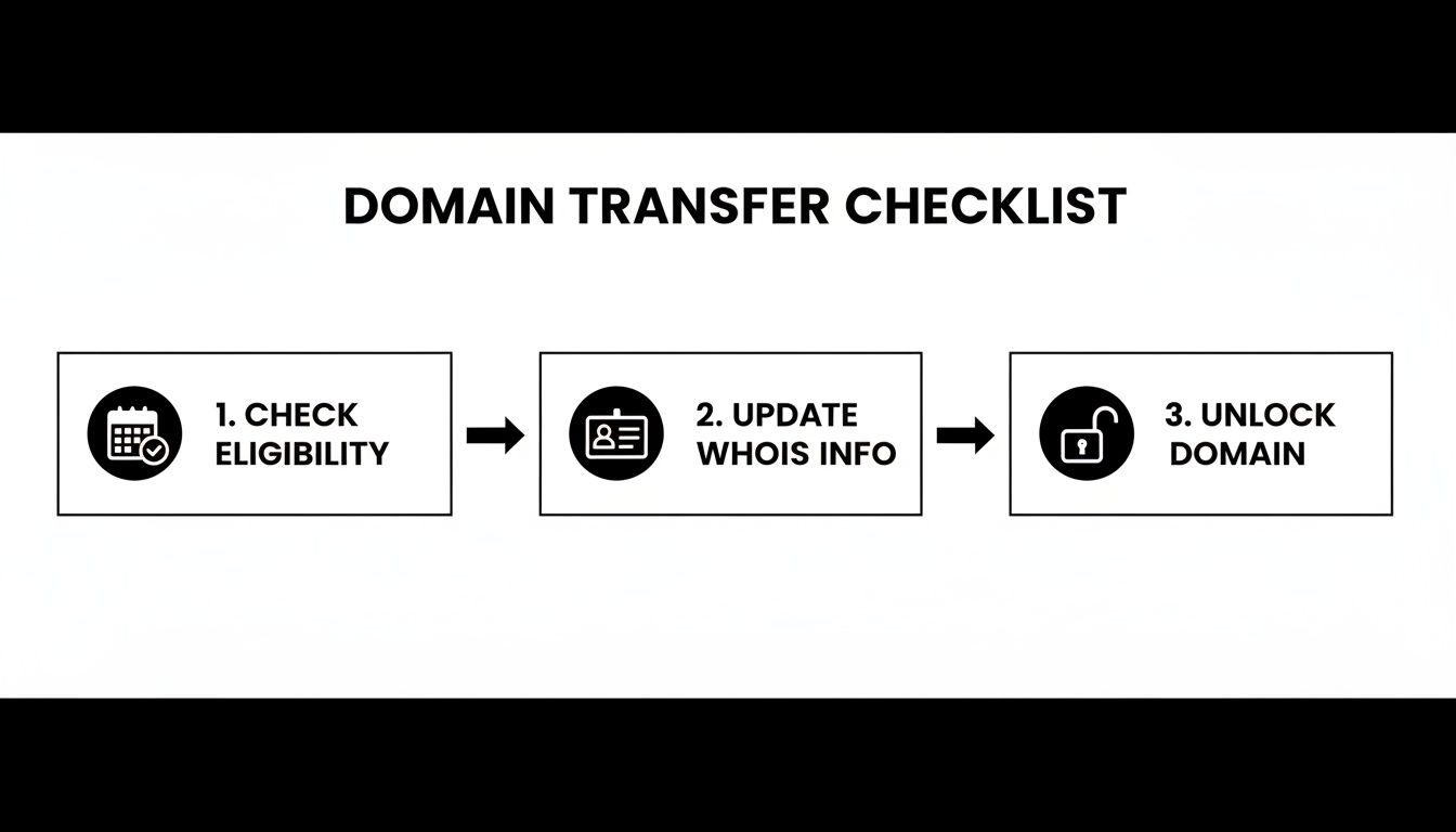 Domain transfer checklist outlining three steps: check eligibility, update WHOIS info, and unlock domain.