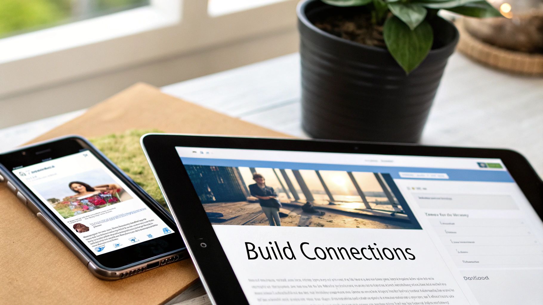 A smartphone and a tablet display social media content, with the tablet showing 'Build Connections'.