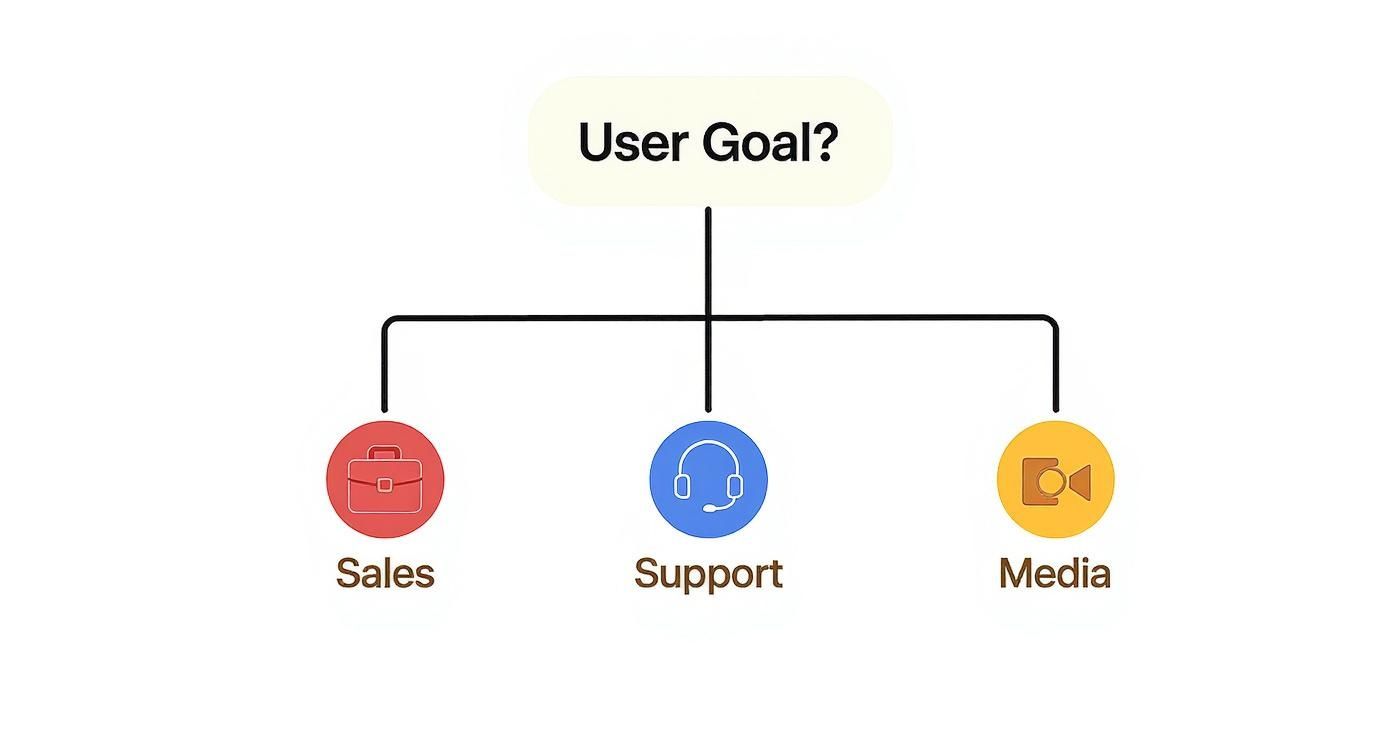 Infographic decision tree showing user goals for a contact page, with branches for Sales, Support, and Media.