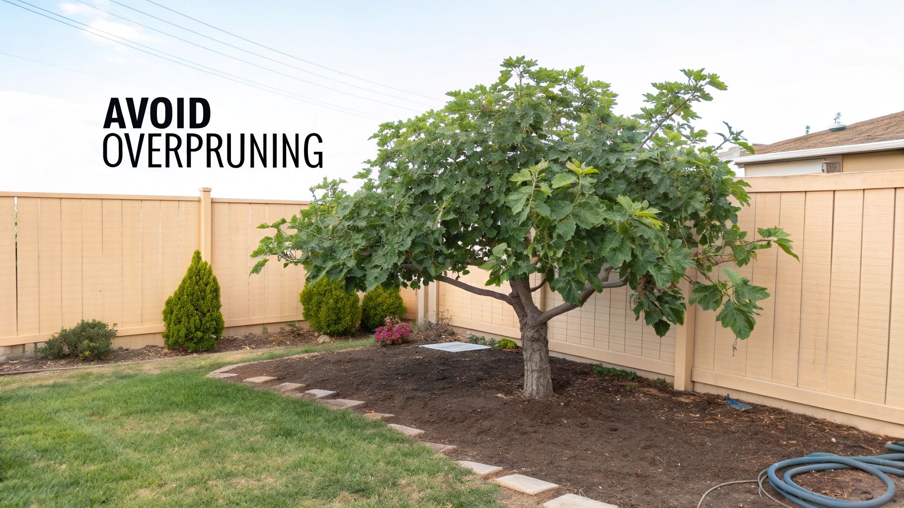 A healthy fig tree thrives in a backyard garden with a fence, displaying the text 'AVOID OVERPRUNING'.