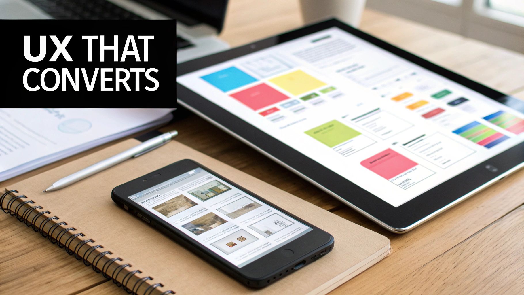 Overhead view of a modern workspace with devices displaying user interface designs and a 'UX THAT CONVERTS' text overlay.