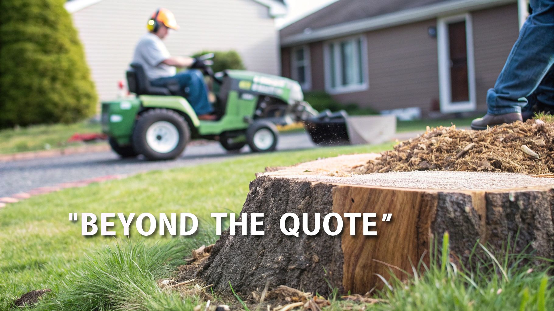 Stump grinder machine working on a tree stump in a garden