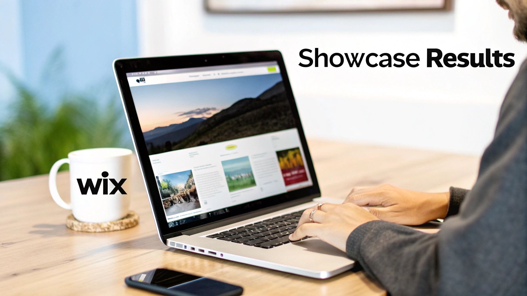 A person works on a laptop displaying a website, with a Wix mug and smartphone on a wooden desk.