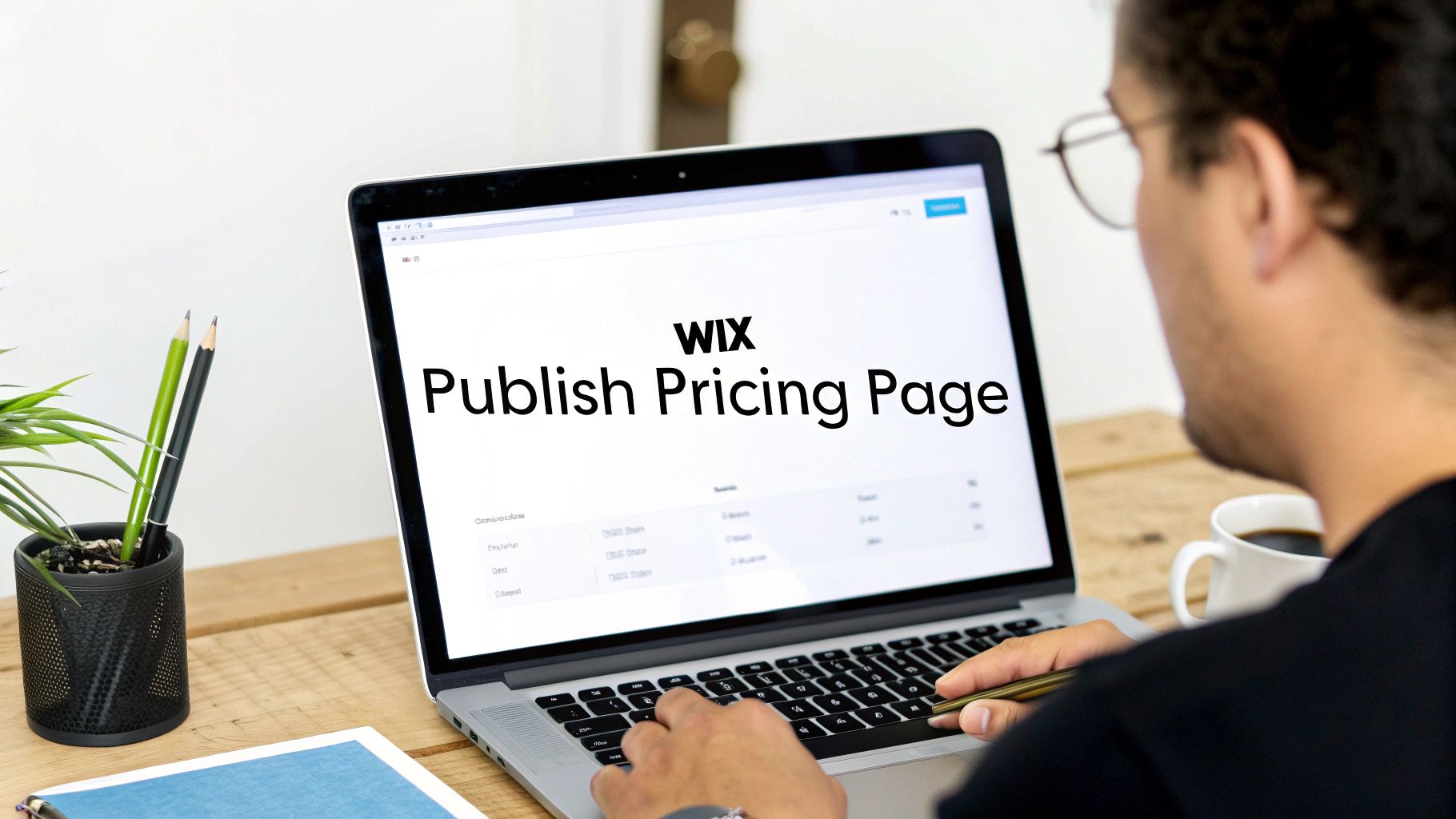 A man in glasses types on a laptop showing 'WIX Publish Pricing Page' on the screen.
