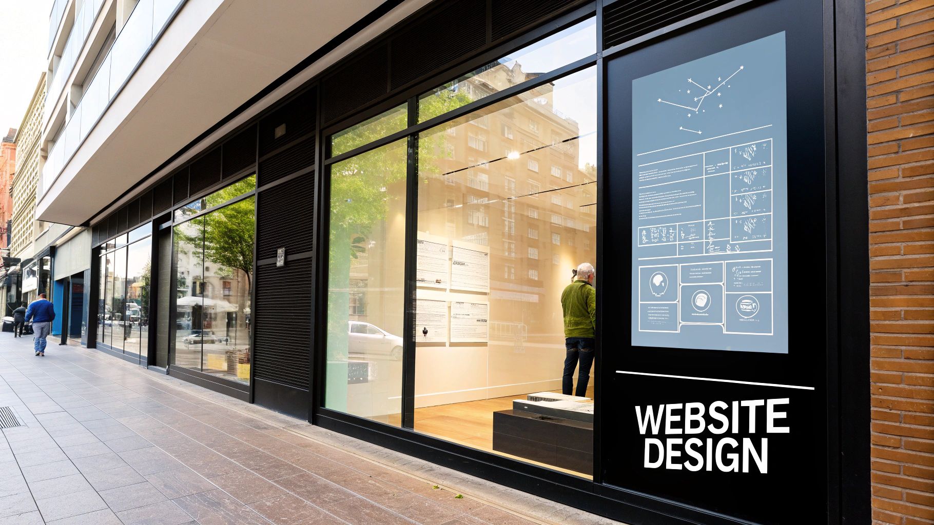 A sleek modern storefront with large windows, an interior exhibit, a man, and a digital display promoting 'WEBSITE DESIGN'.