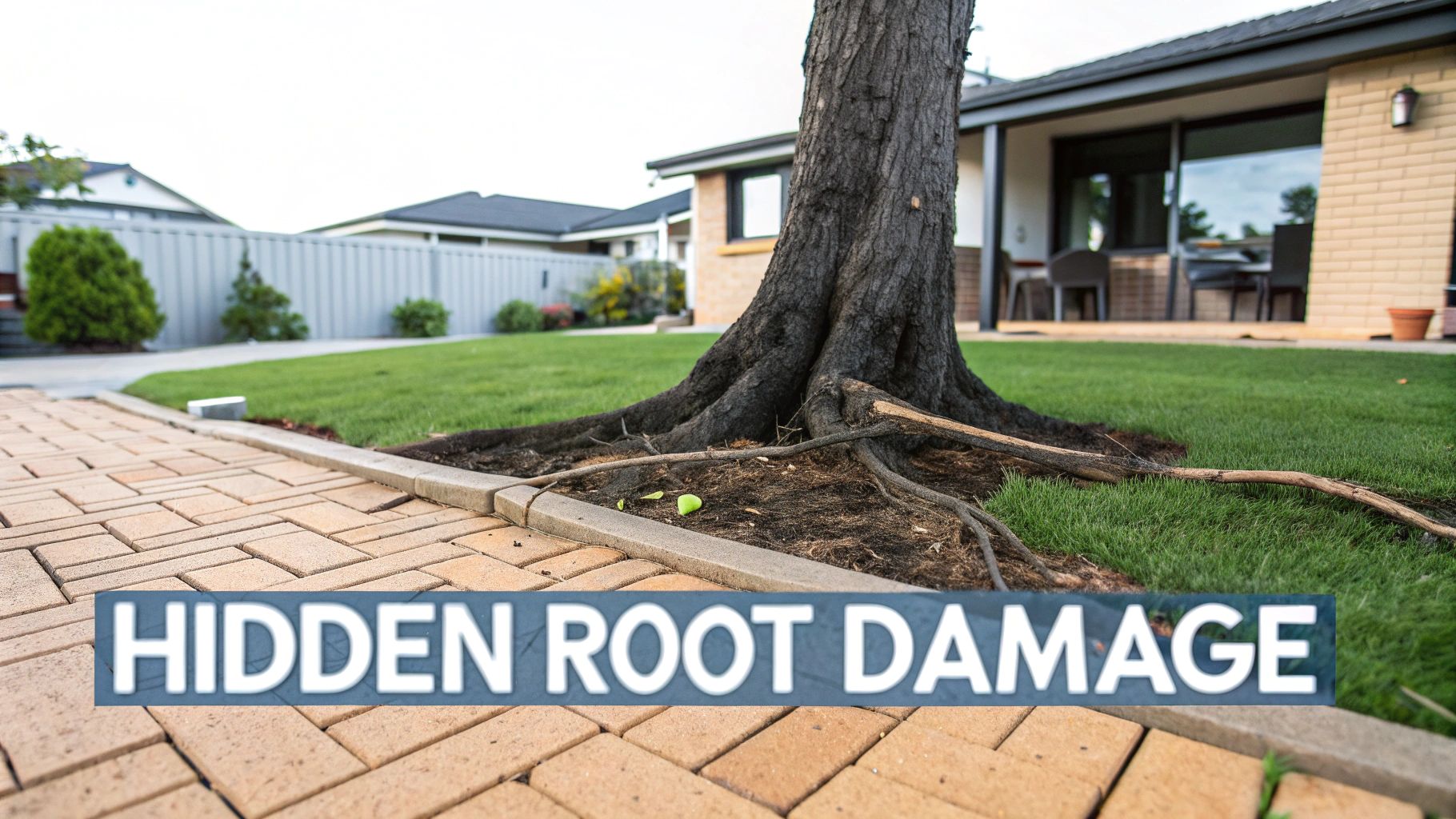Large tree with prominent roots growing near a brick pathway and green lawn, showing potential damage.