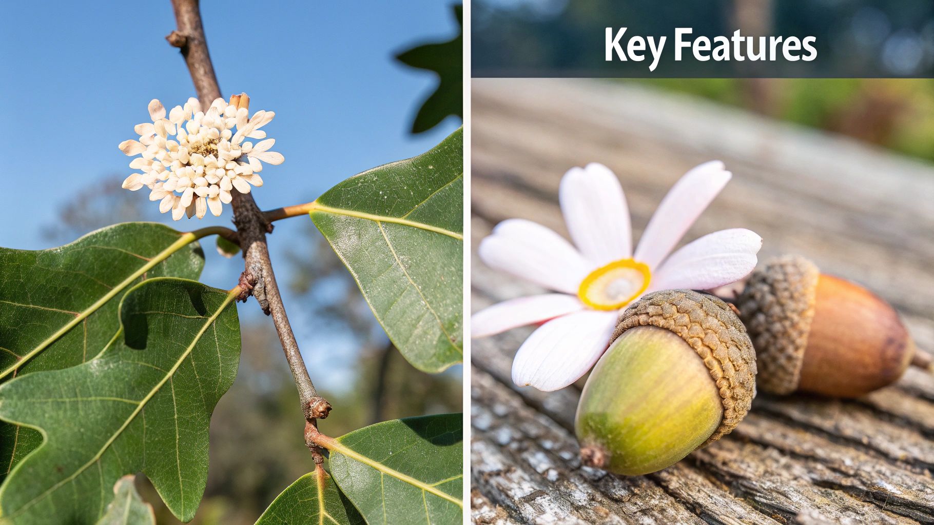 White clustered flower bloom and green oak leaf next to acorn with cap on wood