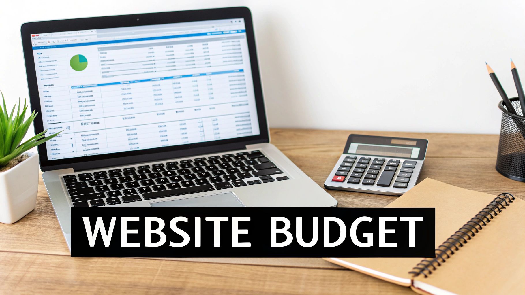 A laptop displaying website budget data with a calculator, notebook, and pencils on a wooden desk.