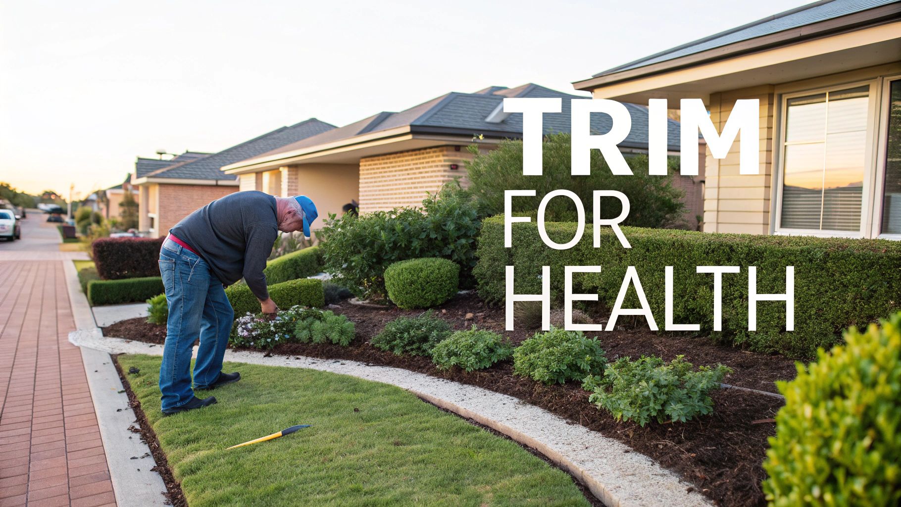Elderly man actively trims shrubs and bushes in a residential garden, promoting health and wellness.