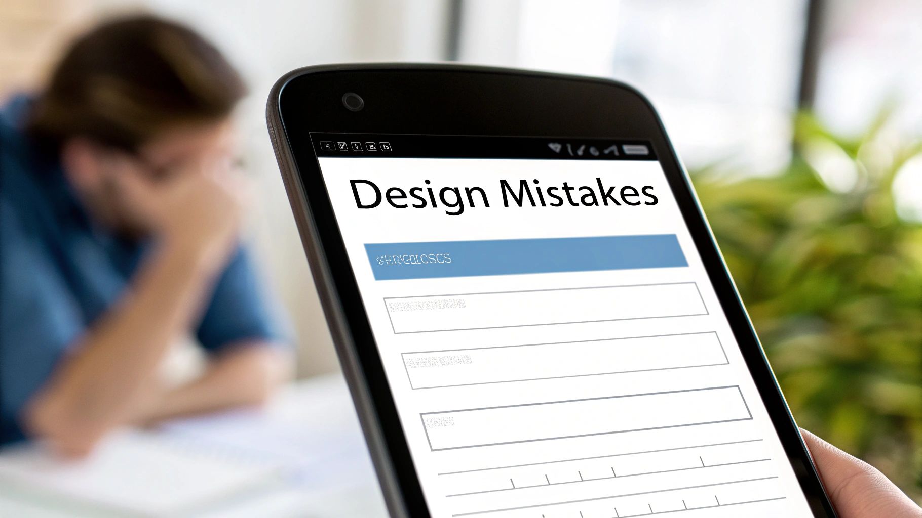 A magnifying glass hovering over a contact us page, highlighting common design errors like a long form and hidden contact details.