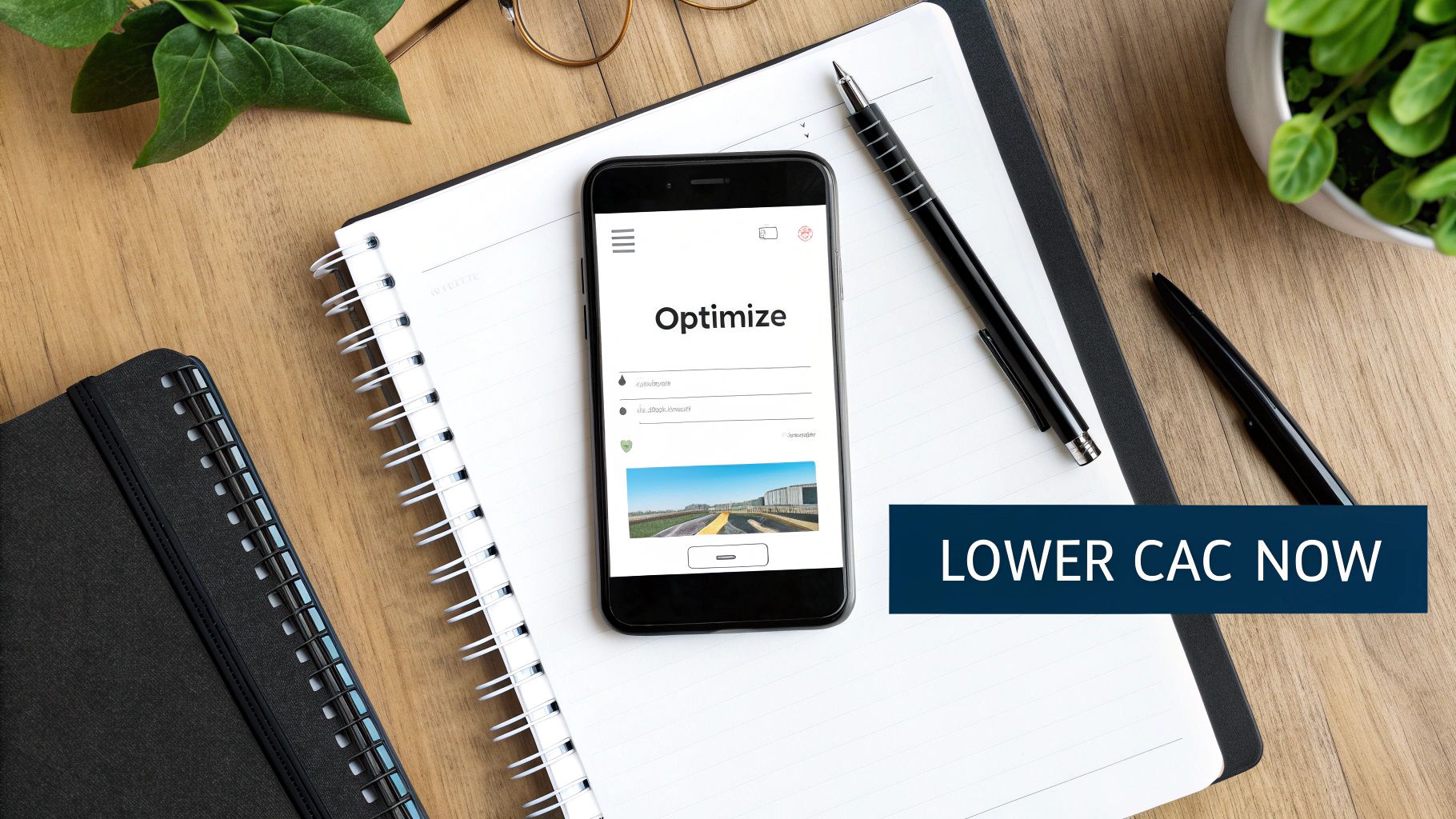 Overhead view of a business desk with a smartphone showing an 'Optimize' app, notebooks, and pens.