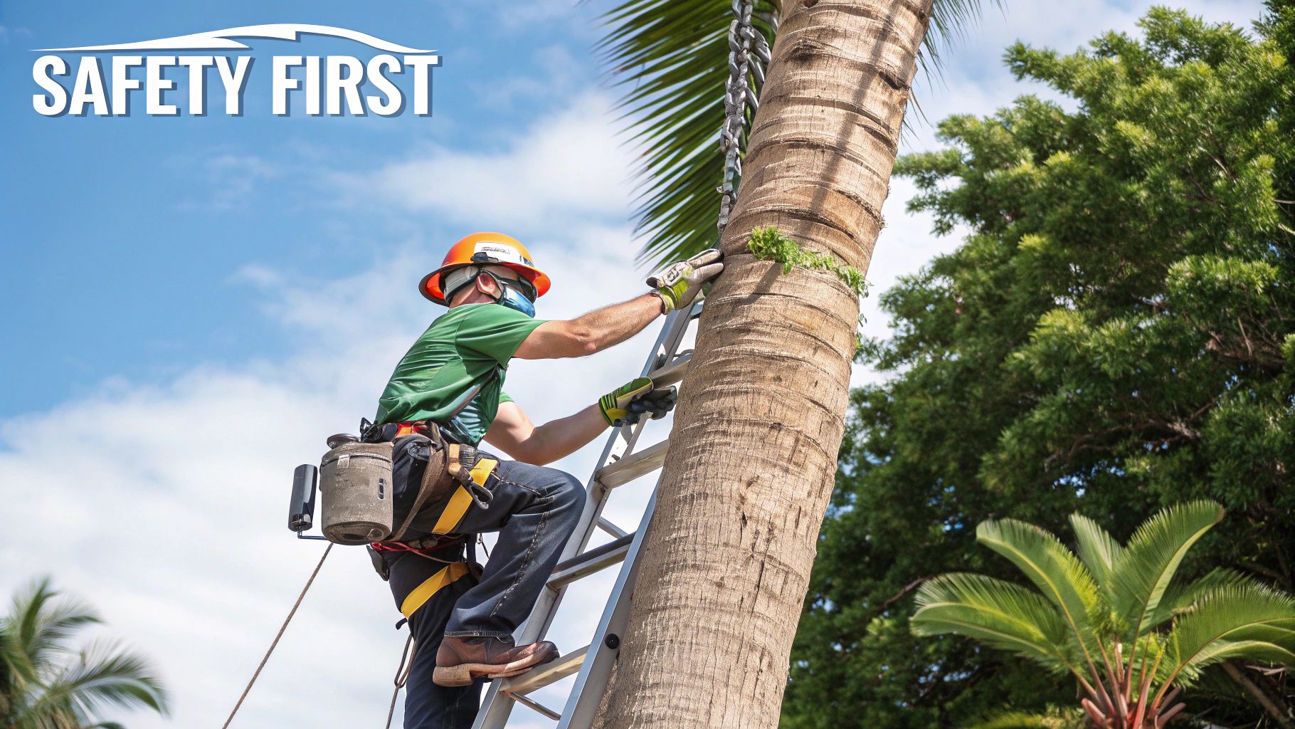 Worker in safety gear climbs a palm tree using a ladder. "SAFETY FIRST" text is in the sky. Green trees in the background.