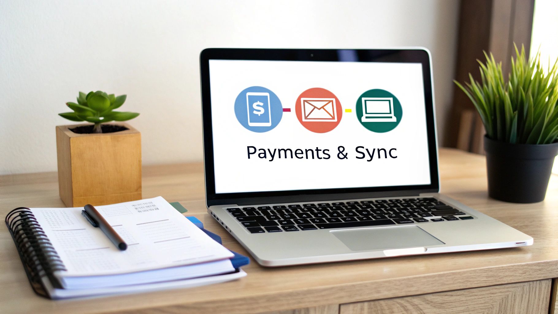 A laptop on a wooden desk displays 'Payments & Sync' with payment, email, and computer icons, alongside a plant and notebook.