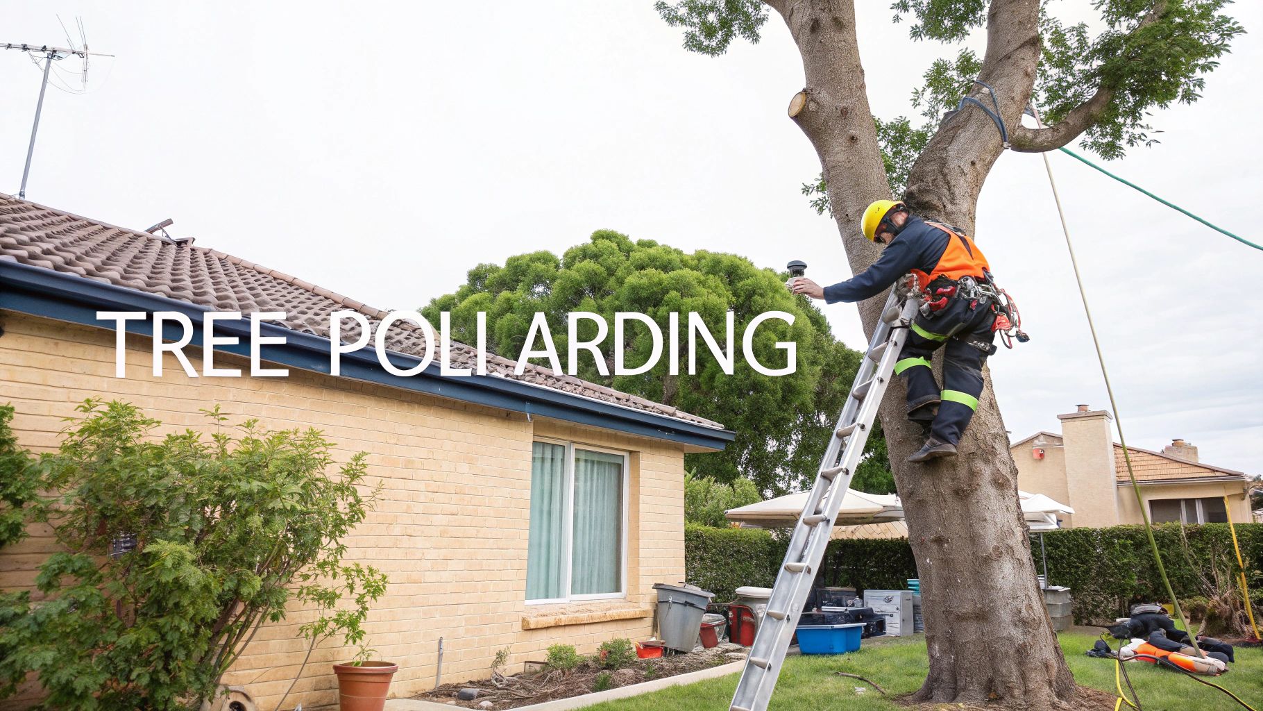 Tree surgeon on a ladder against a tree in a homeowner's yard preparing a tree for surgery
