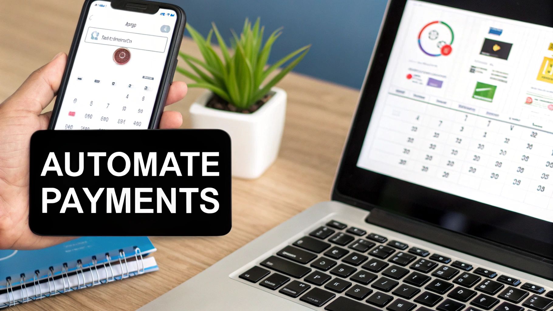 A hand holds a smartphone displaying a payment app, with 'AUTOMATE PAYMENTS' text and a laptop.