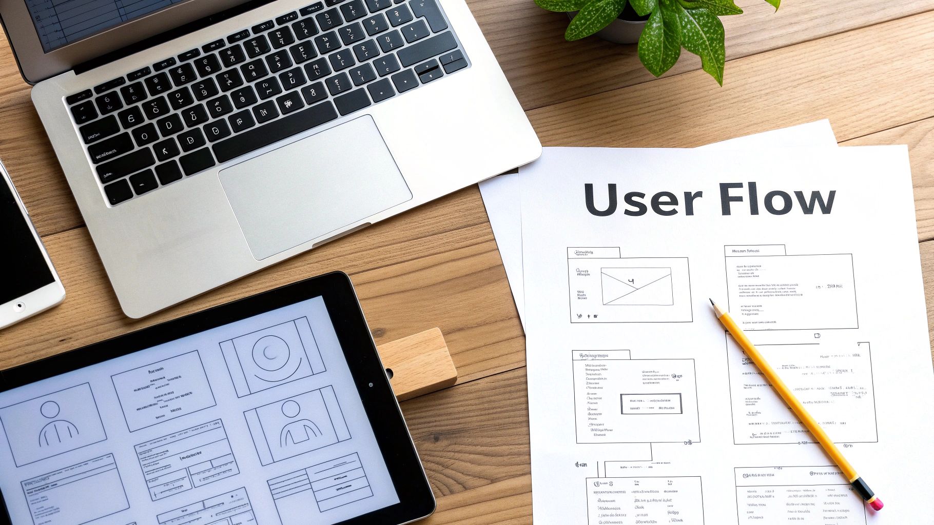 Top-down view of a UX design workspace with a laptop, tablet showing wireframes, and user flow documents.