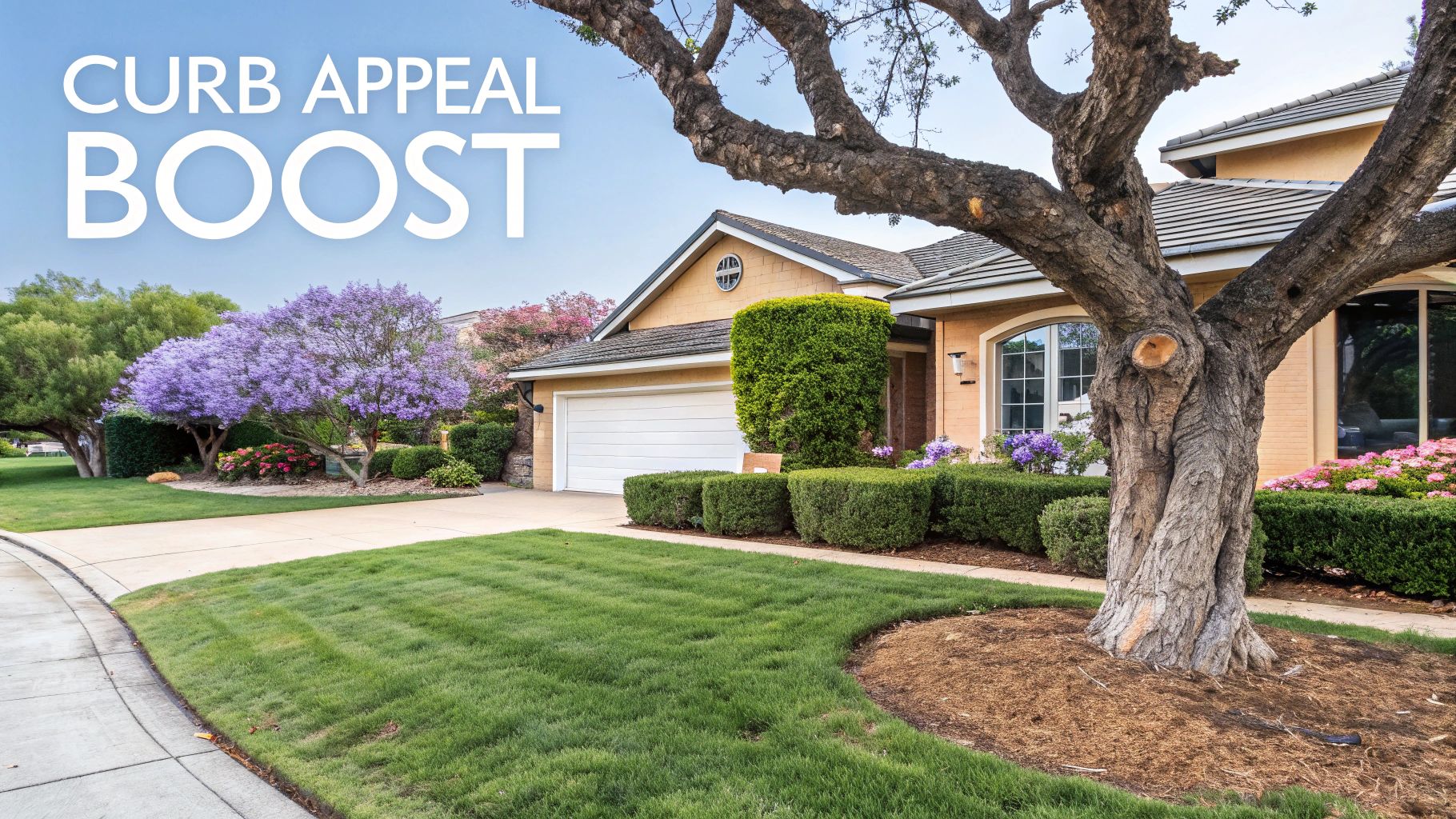House exterior with green lawn, vibrant purple and pink flowers, trimmed bushes, and a large tree. Text reads "CURB APPEAL BOOST."