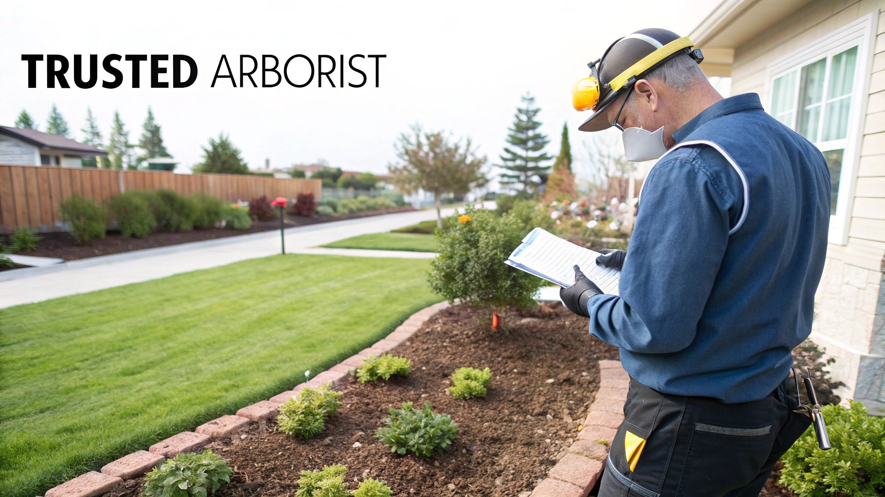 Professional arborist in safety gear inspecting residential yard and taking notes on clipboard