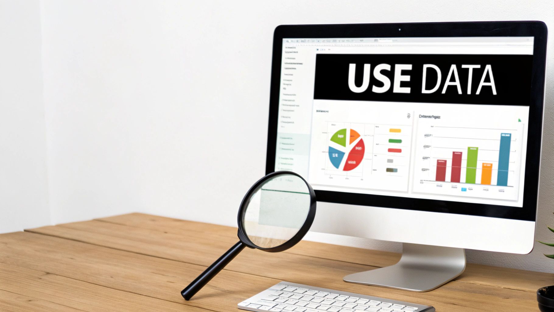 Computer on a wooden desk showing charts and "USE DATA" text. A magnifying glass leans against it, emphasizing data analysis.