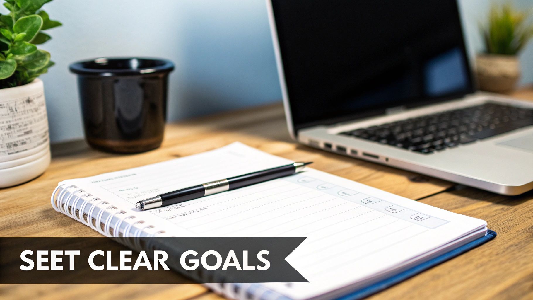 A close-up of a desk with an open notebook, a pen, a laptop, and a potted plant.