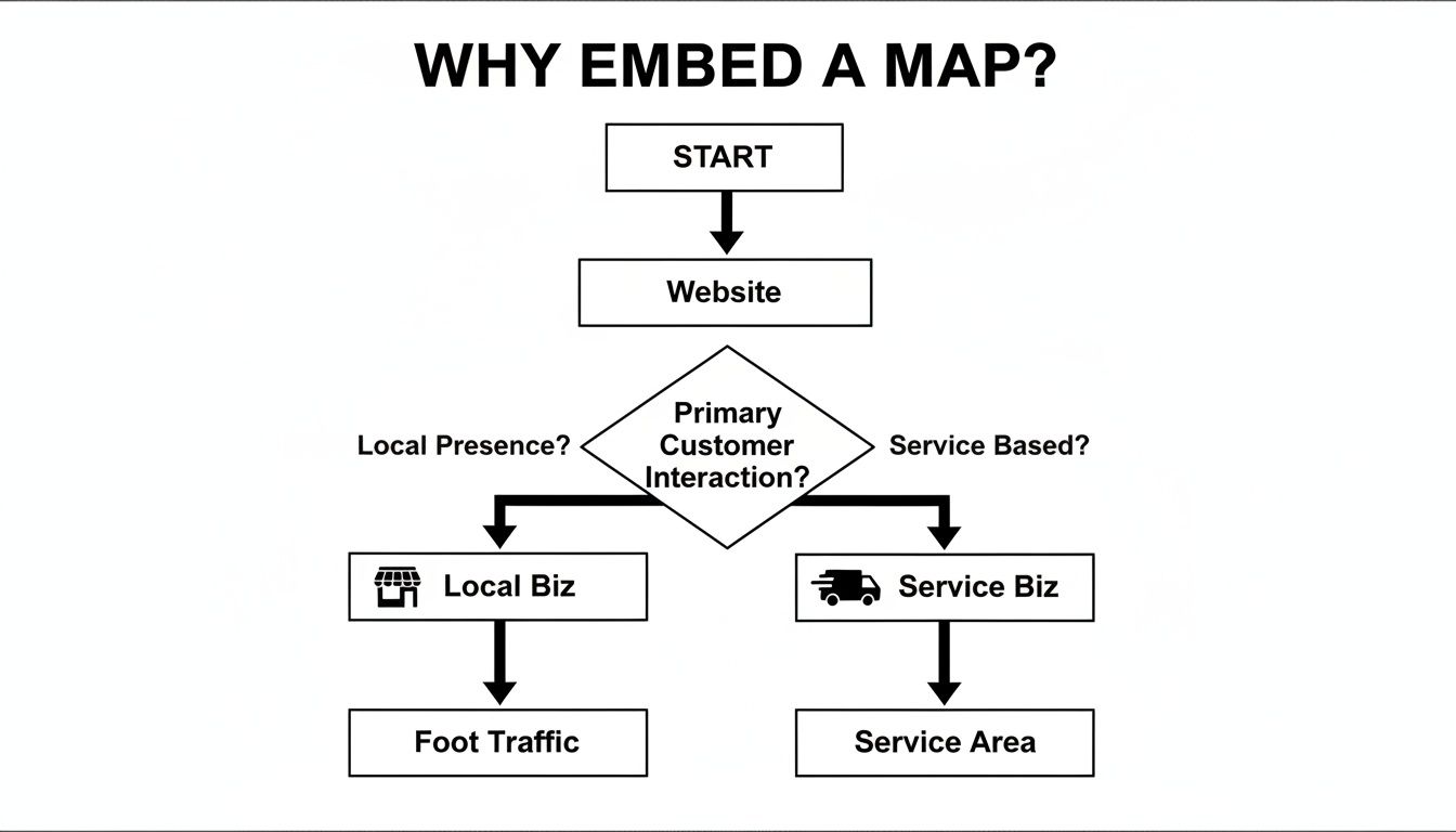 Flowchart illustrating reasons to embed a map, differentiating between local businesses and service-based businesses.