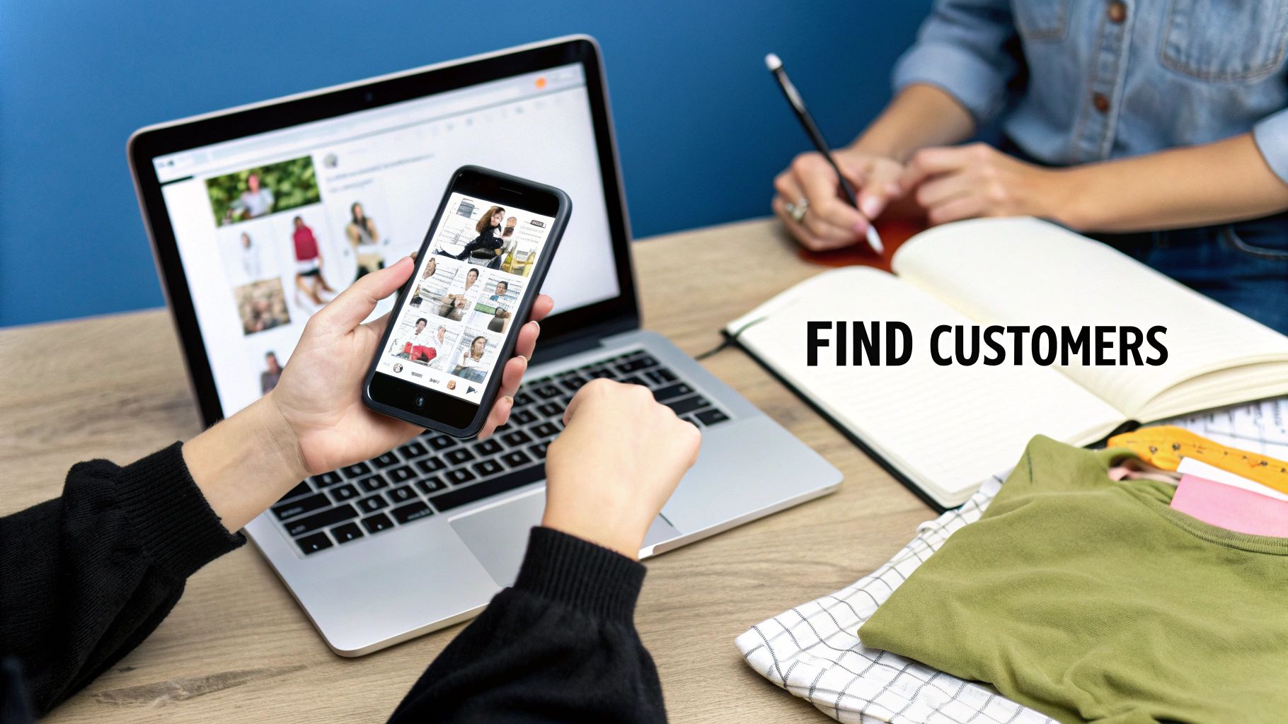 Two individuals managing an online clothing business, using a laptop, smartphone, and notebook for planning.