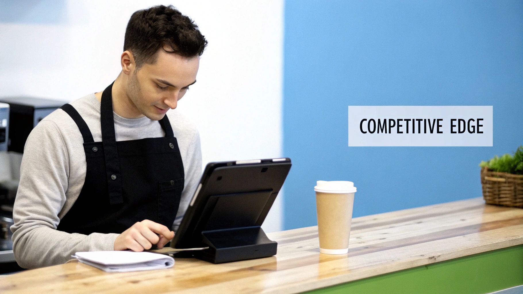 Man in apron operates a tablet POS system at a counter, enhancing business with a 'COMPETITIVE EDGE' sign.