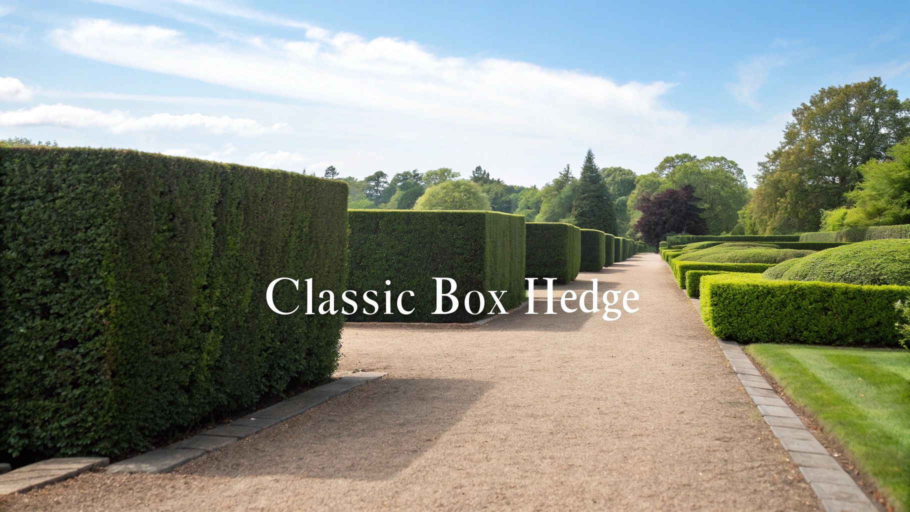 A beautiful formal garden with neatly trimmed classic box hedges lining a long gravel path under a blue sky.