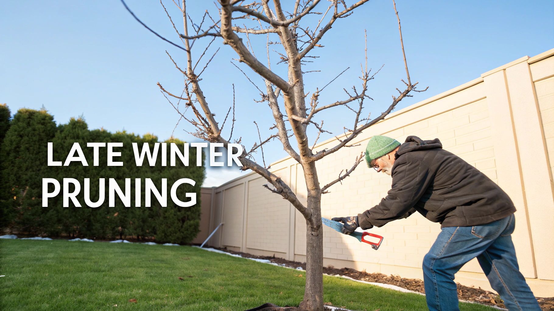 Bare branches of a deciduous tree in winter being pruned.