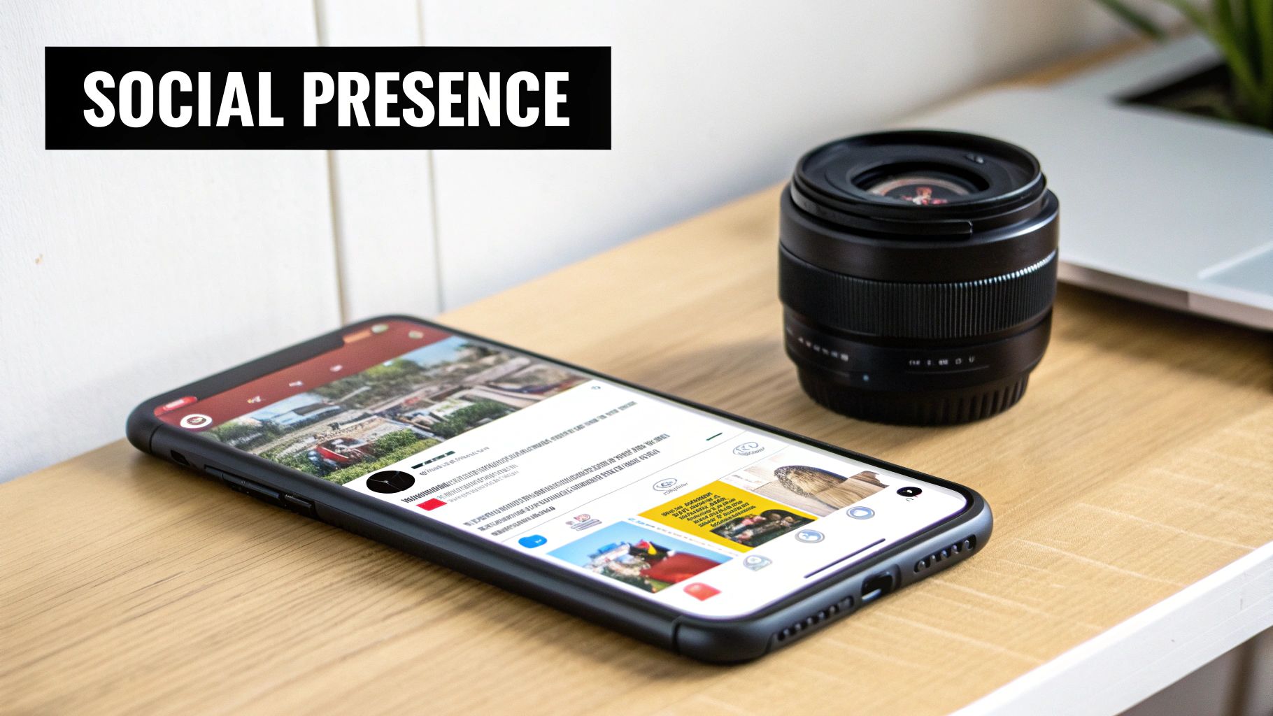 A smartphone displaying social media content, a camera lens, and a laptop on a wooden desk, with 'SOCIAL PRESENCE' text.