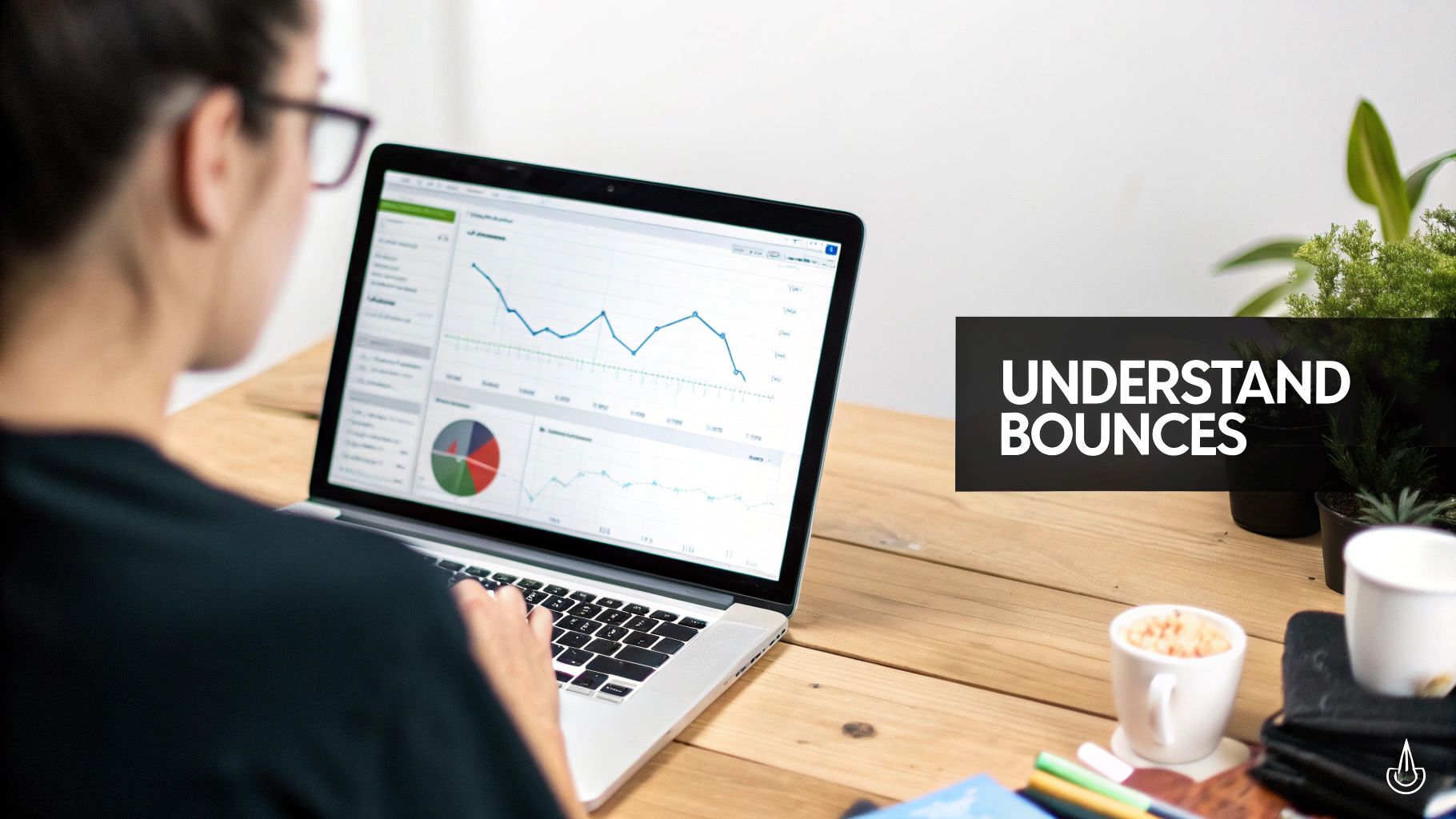 Woman viewing analytics on a laptop screen with graphs and charts, text "UNDERSTAND BOUNCES" beside, wooden desk, potted plant nearby.