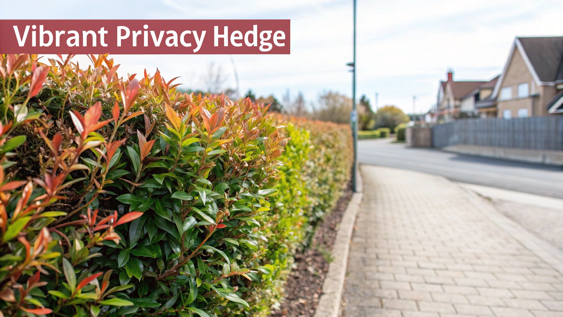 A vibrant privacy hedge with colorful green and reddish-orange leaves borders a suburban sidewalk.
