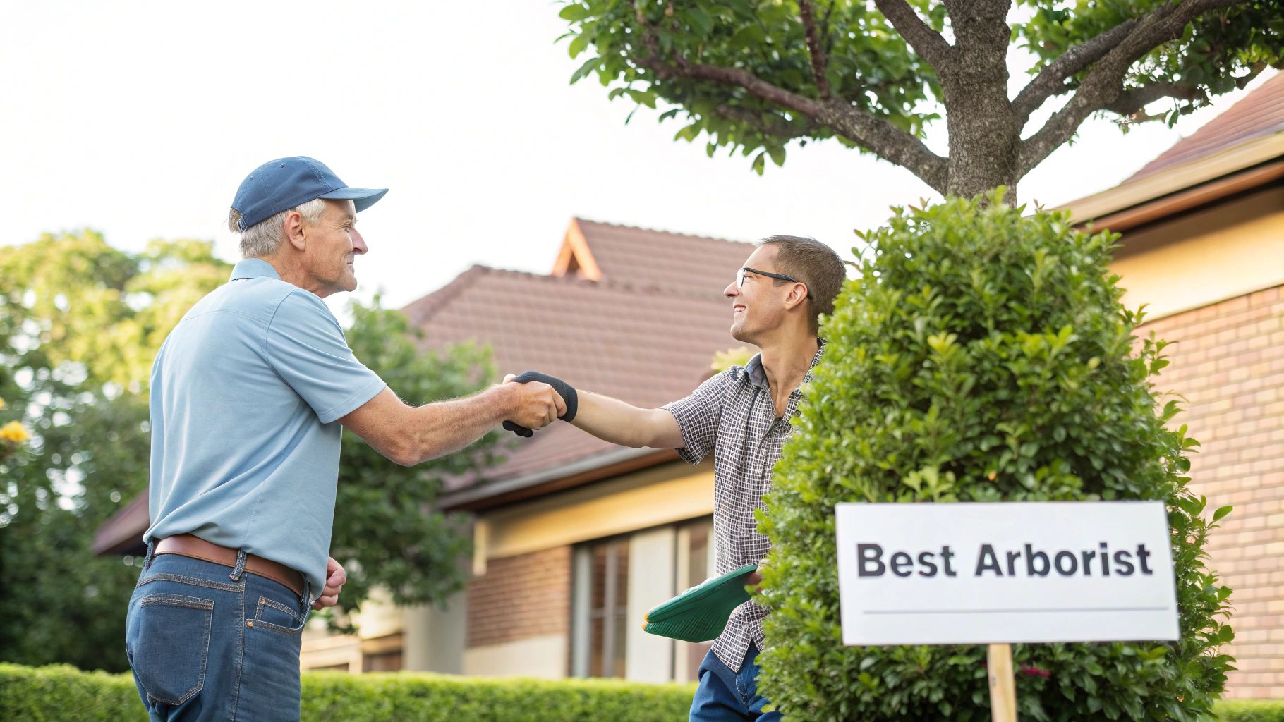 Two men shake hands outdoors near a tree. One holds documents. A "Best Arborist" sign is visible. Setting is residential, mood is friendly.